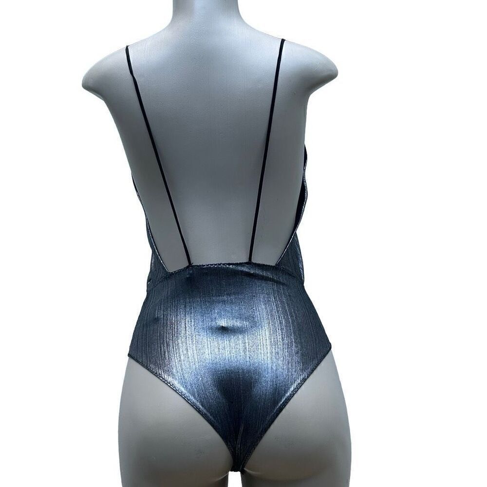 Zara Silver Metallic Tank Bodysuit  Women's 6 Plunging Neck Open Back Spaghetti - Picture 4 of 10